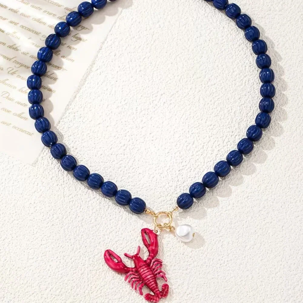 Large Navy, Red & Pearl Lobster Statement Necklace‎ (NEW & SO CUTE!)